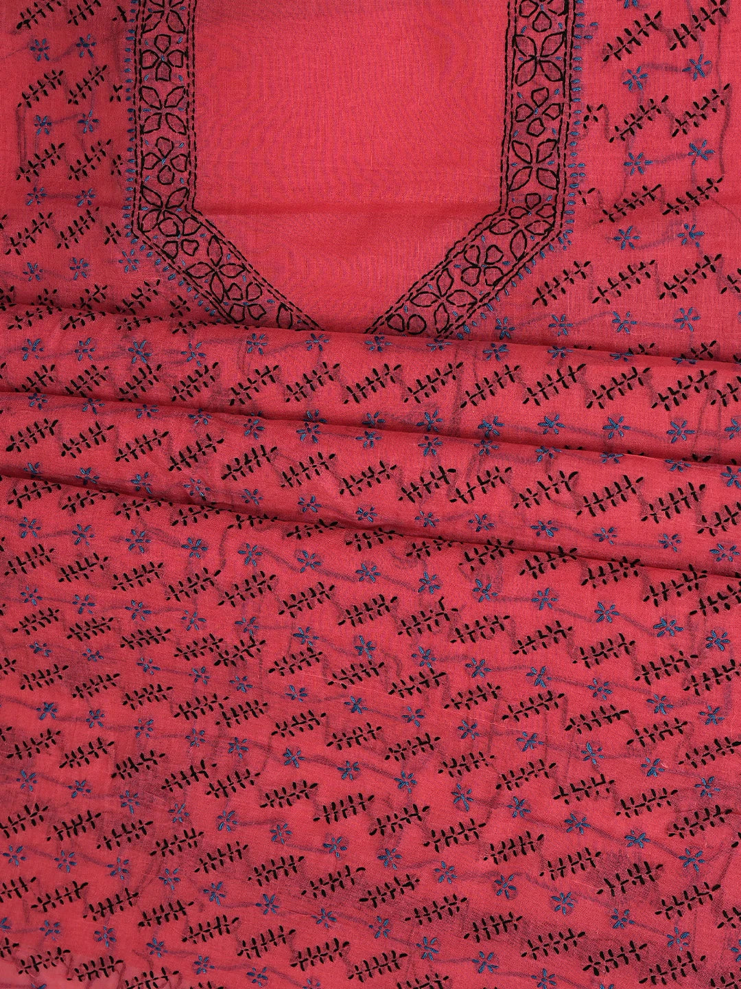 Ada Hand Embroidered Red Cotton Lucknowi Chikankari Unstitched Suit Piece 01A893867
