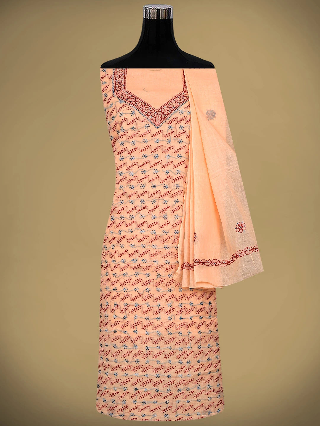 Ada Hand Embroidered Peach Cotton Lucknowi Chikankari Unstitched Suit Piece 01A893904
