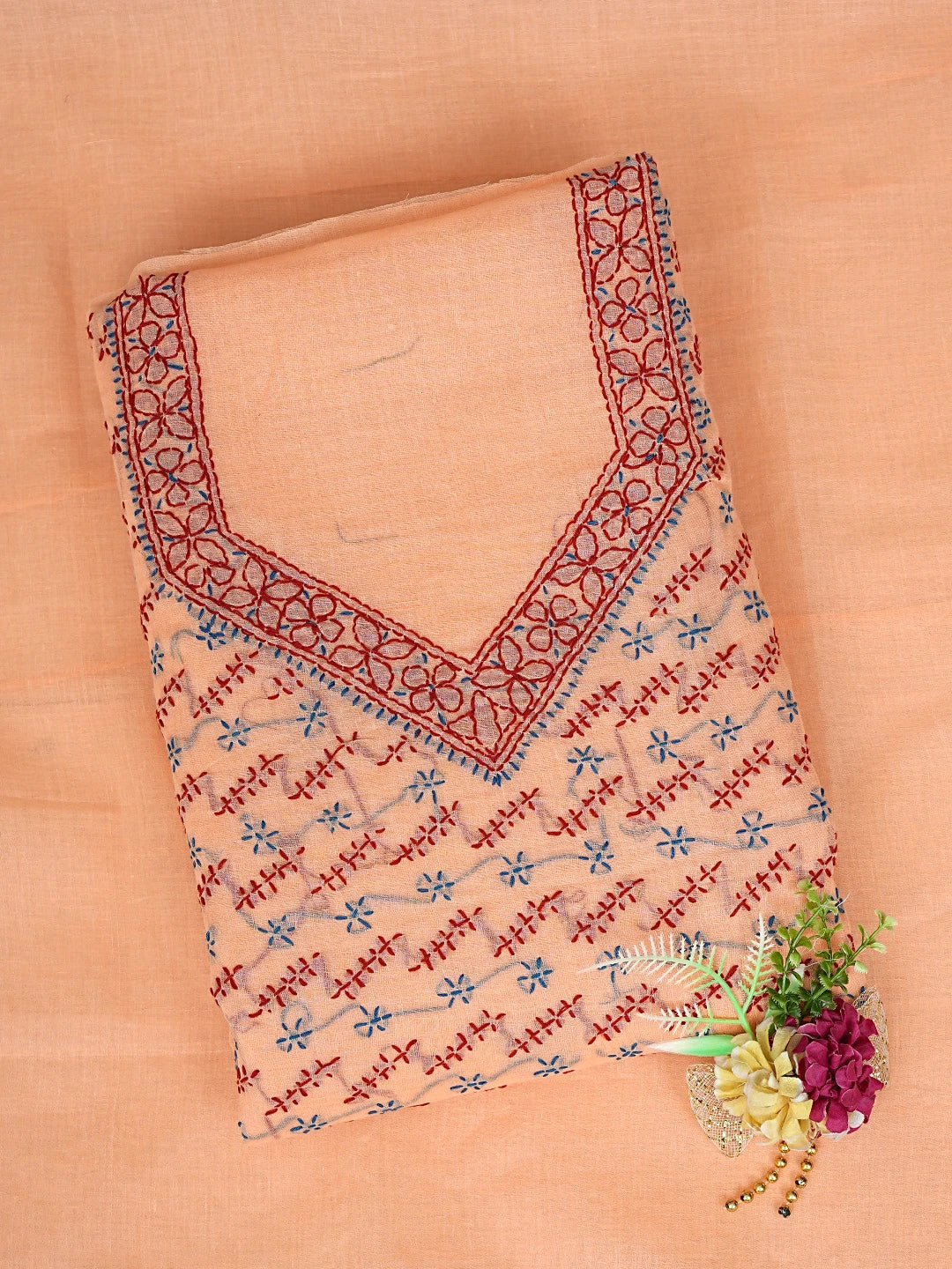 Ada Hand Embroidered Peach Cotton Lucknowi Chikankari Unstitched Suit Piece 01A893904