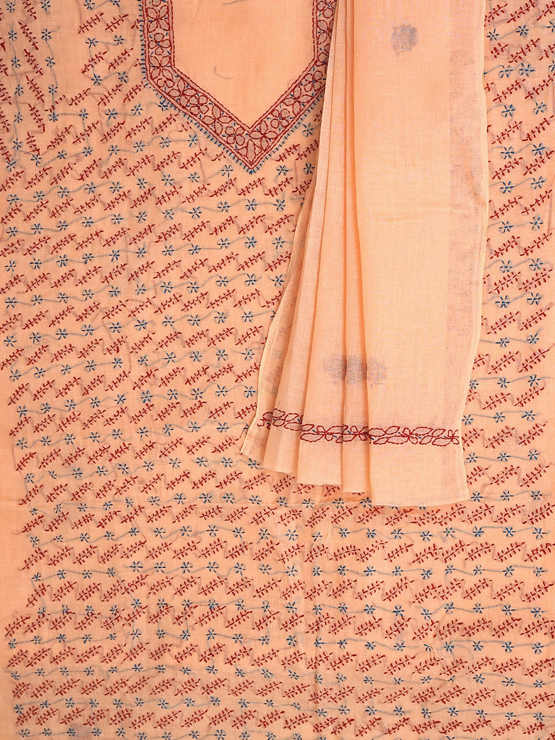 Ada Hand Embroidered Peach Cotton Lucknowi Chikankari Unstitched Suit Piece 01A893904