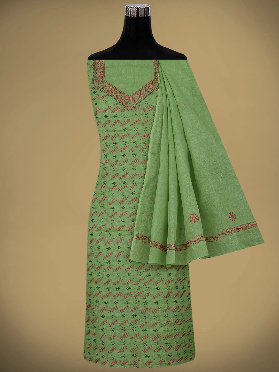 Ada Hand Embroidered Green Cotton Lucknowi Chikankari Unstitched Suit Piece 01A893908