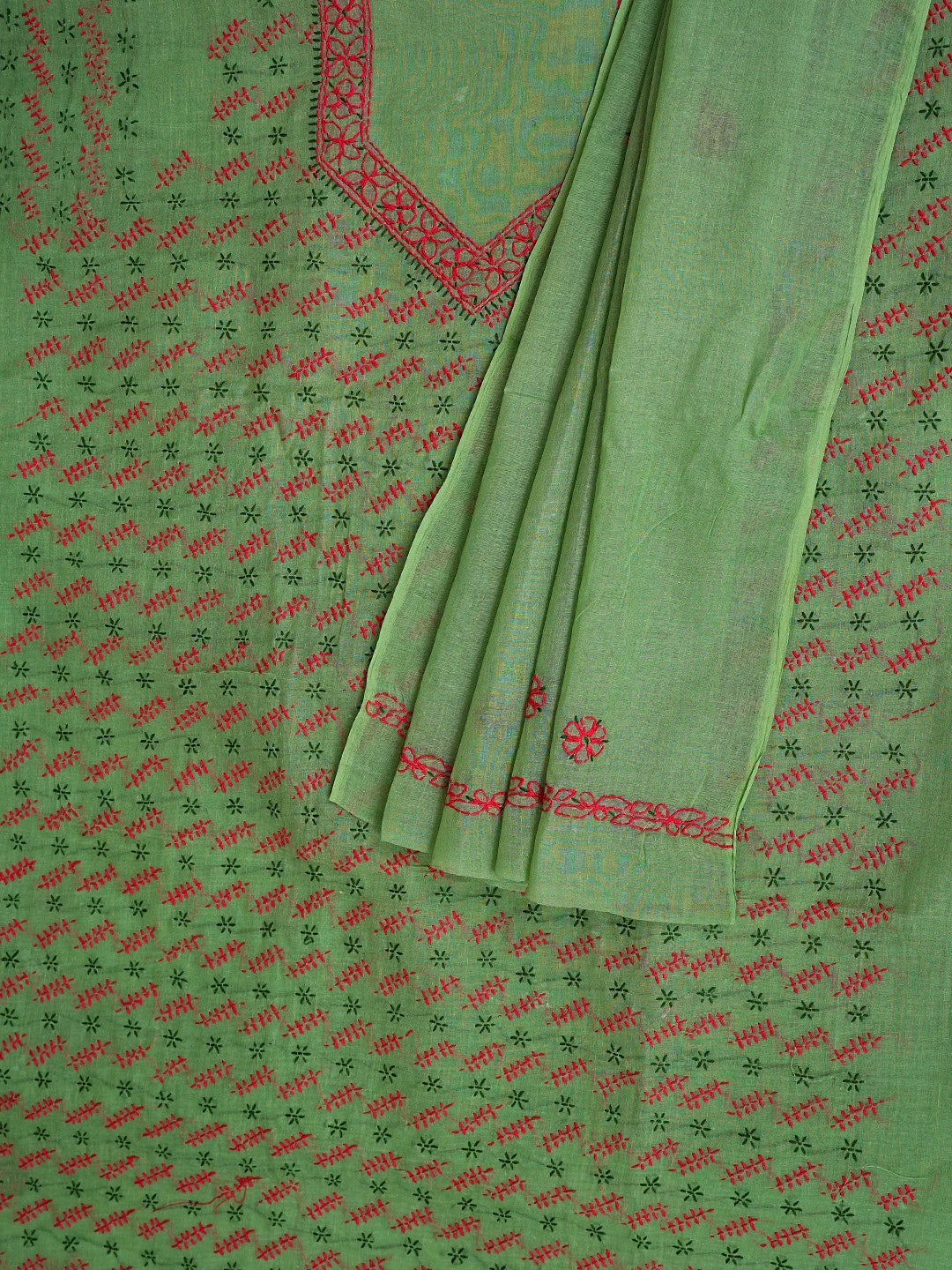 Ada Hand Embroidered Green Cotton Lucknowi Chikankari Unstitched Suit Piece 01A893908