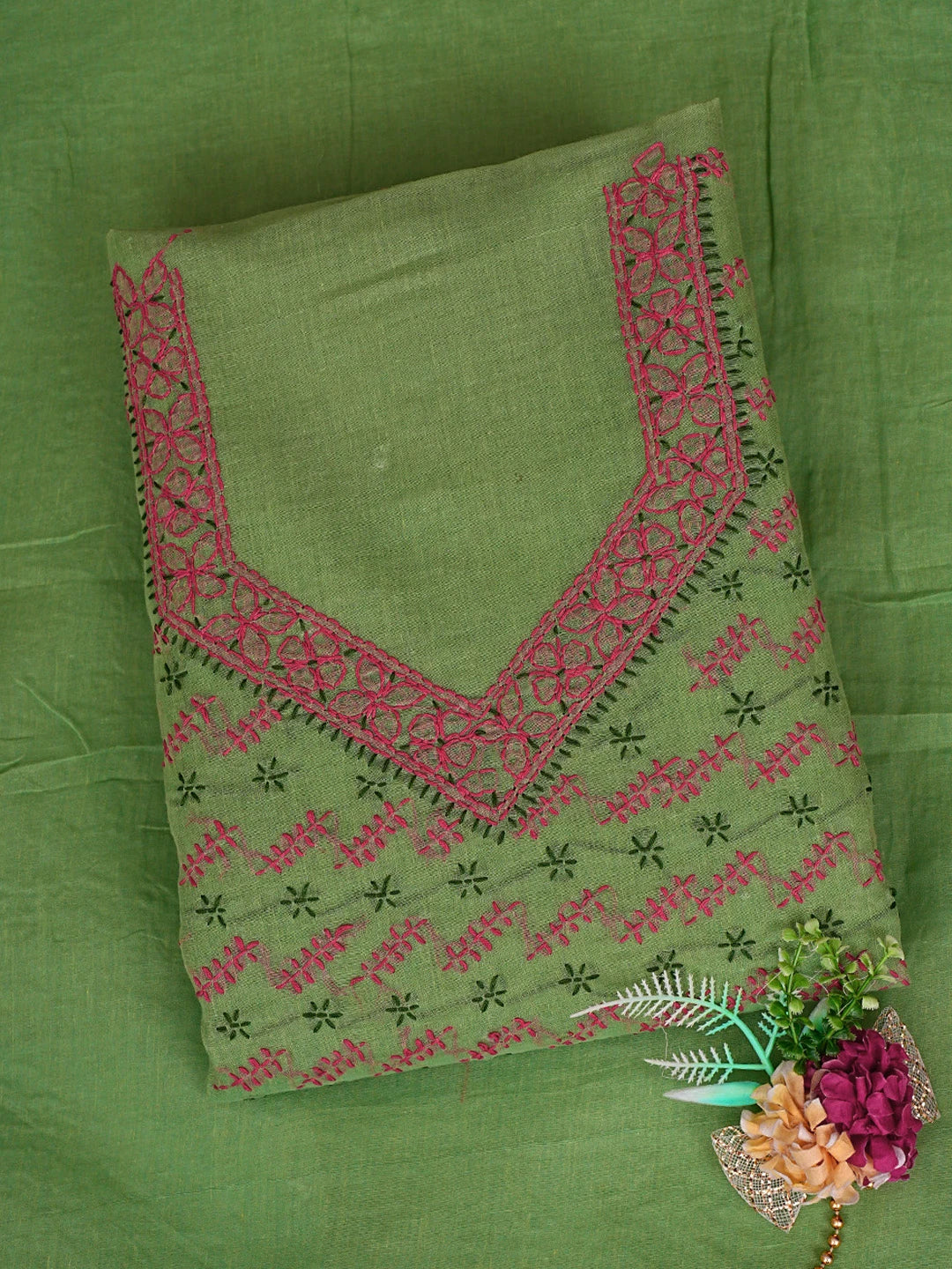Ada Hand Embroidered Green Cotton Lucknowi Chikankari Unstitched Suit Piece 01A893908