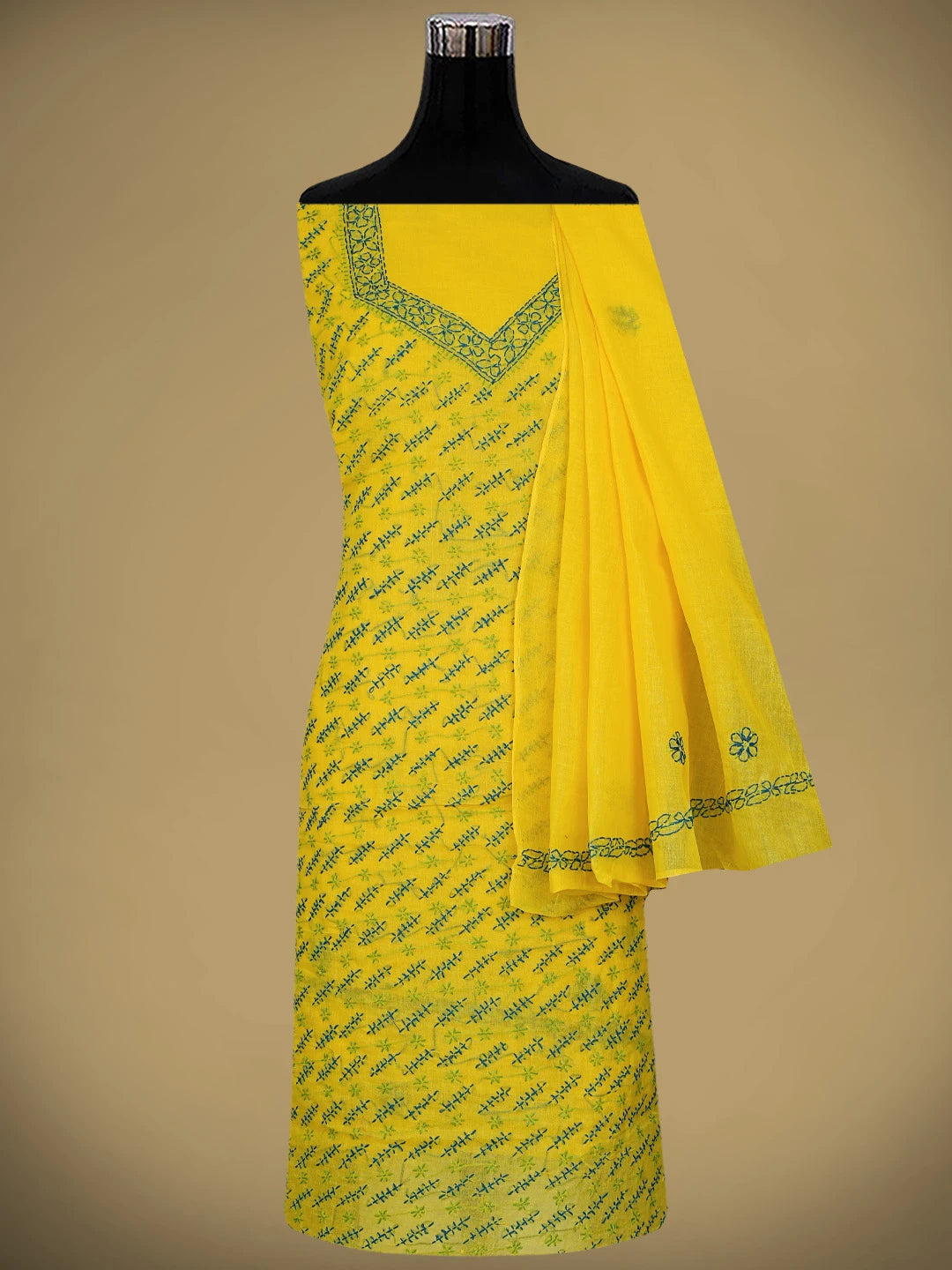 Ada Hand Embroidered Yellow Cotton Lucknowi Chikankari Unstitched Suit Piece 01A893886