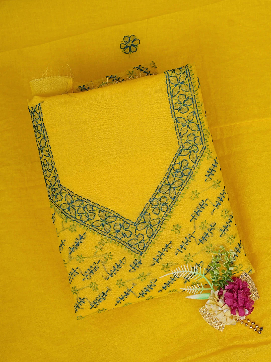 Ada Hand Embroidered Yellow Cotton Lucknowi Chikankari Unstitched Suit Piece 01A893886
