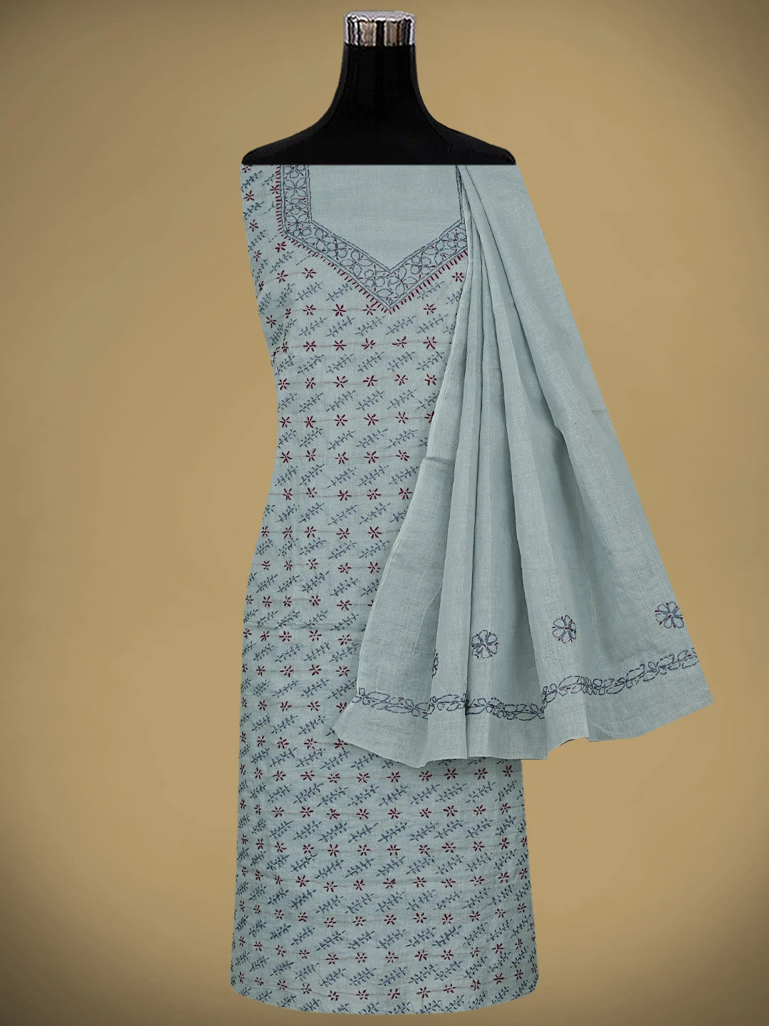Ada Hand Embroidered Grey Cotton Lucknowi Chikankari Unstitched Suit Piece 01A893901