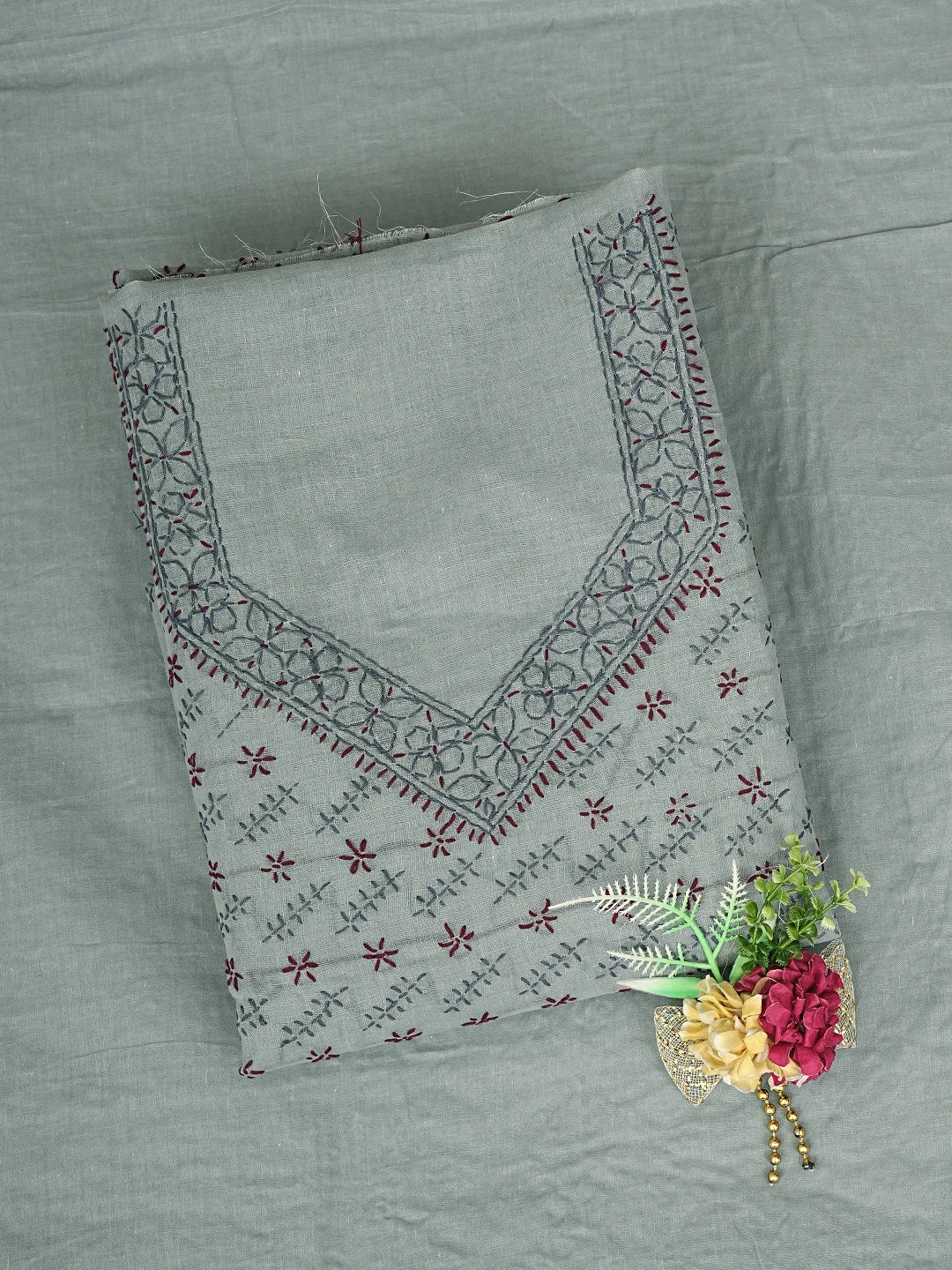 Ada Hand Embroidered Grey Cotton Lucknowi Chikankari Unstitched Suit Piece 01A893901