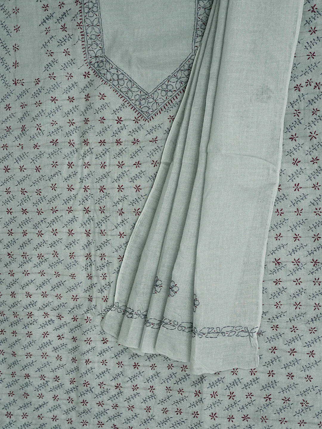 Ada Hand Embroidered Grey Cotton Lucknowi Chikankari Unstitched Suit Piece 01A893901