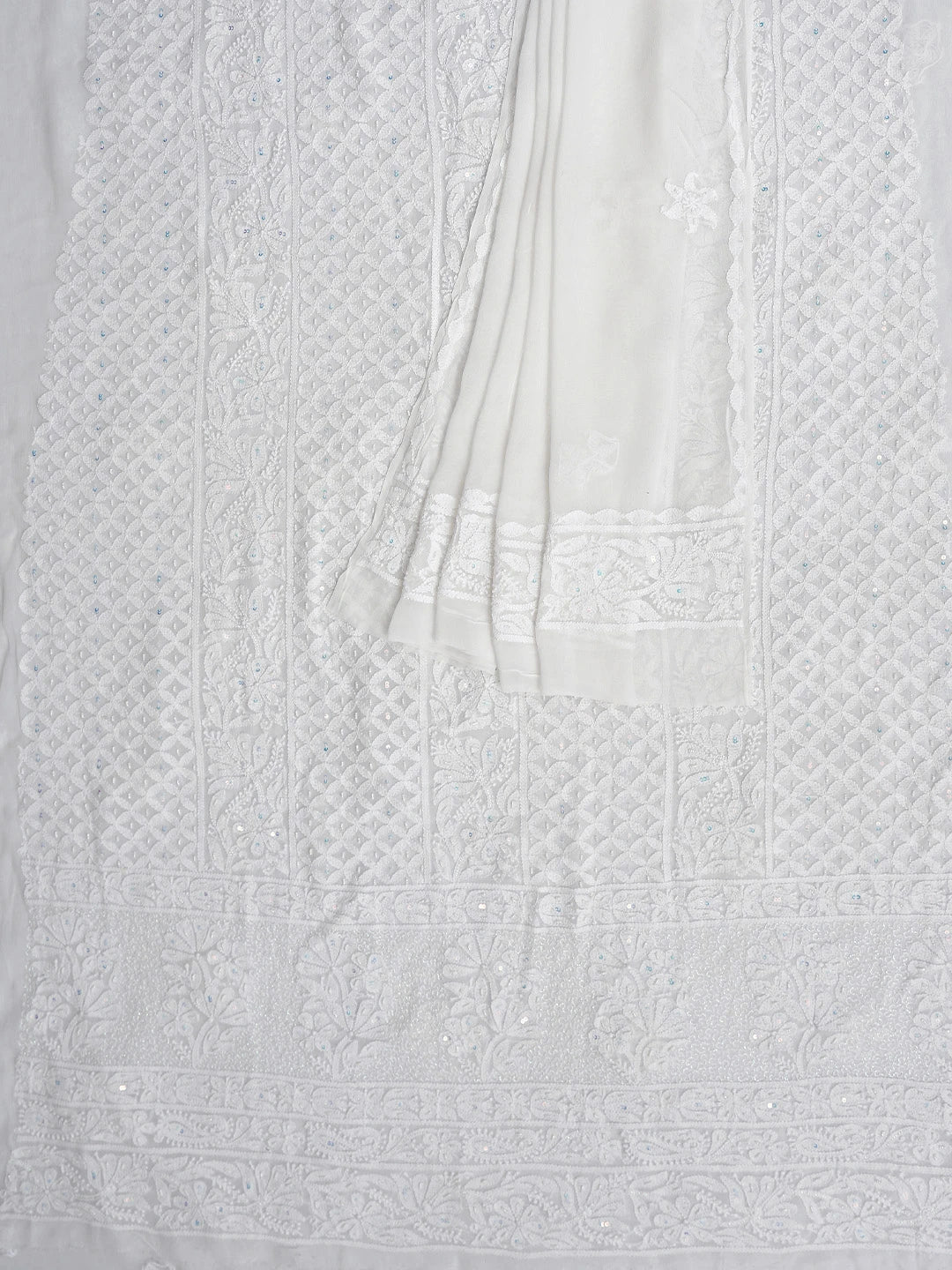 Ada Hand Embroidered White Viscose Georgette Lucknowi Chikankari Unstitched Kurta Dupatta Set With Pearl Work 01A806935