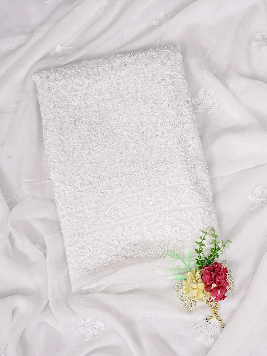 Ada Hand Embroidered White Viscose Georgette Lucknowi Chikankari Unstitched Kurta Dupatta Set With Pearl Work 01A806935