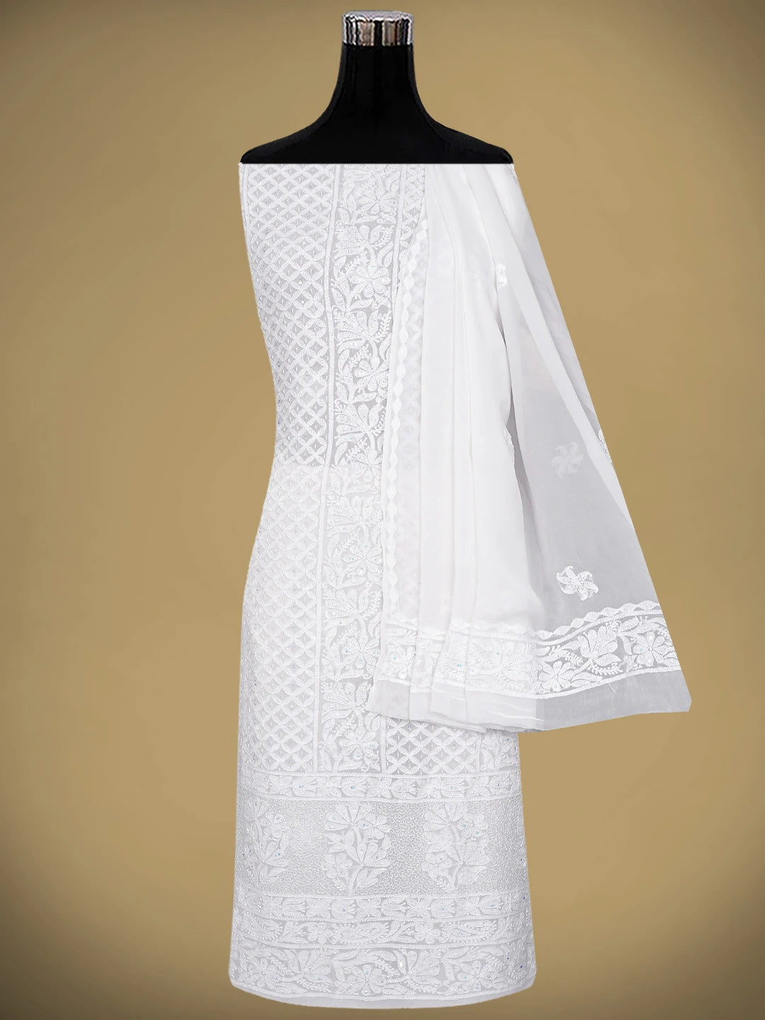 Ada Hand Embroidered White Viscose Georgette Lucknowi Chikankari Unstitched Kurta Dupatta Set With Pearl Work 01A806935