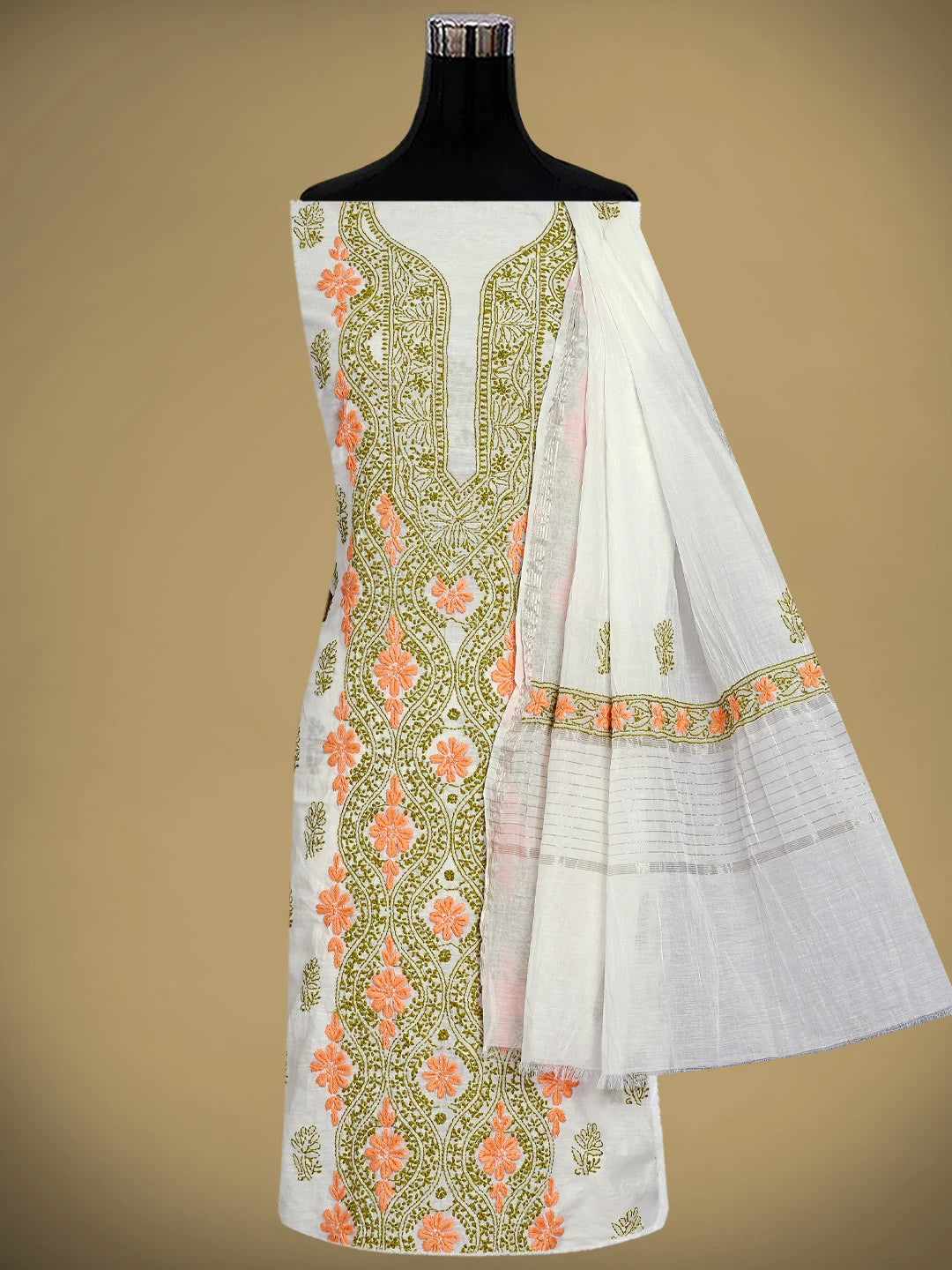 Ada Hand Embroidered Eggshell White Chanderi Lucknowi Chikankari Unstitched Kurta Dupatta Set 01A897499
