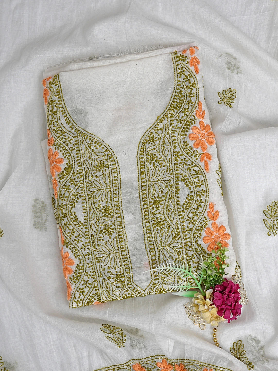 Ada Hand Embroidered Eggshell White Chanderi Lucknowi Chikankari Unstitched Kurta Dupatta Set 01A897499