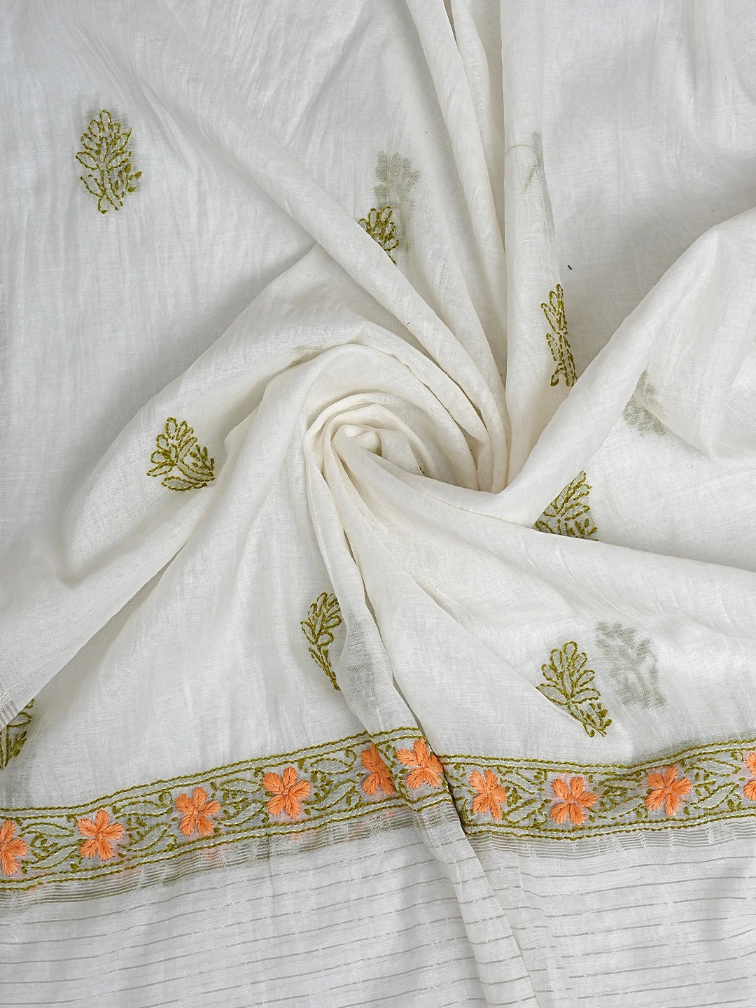Ada Hand Embroidered Eggshell White Chanderi Lucknowi Chikankari Unstitched Kurta Dupatta Set 01A897499