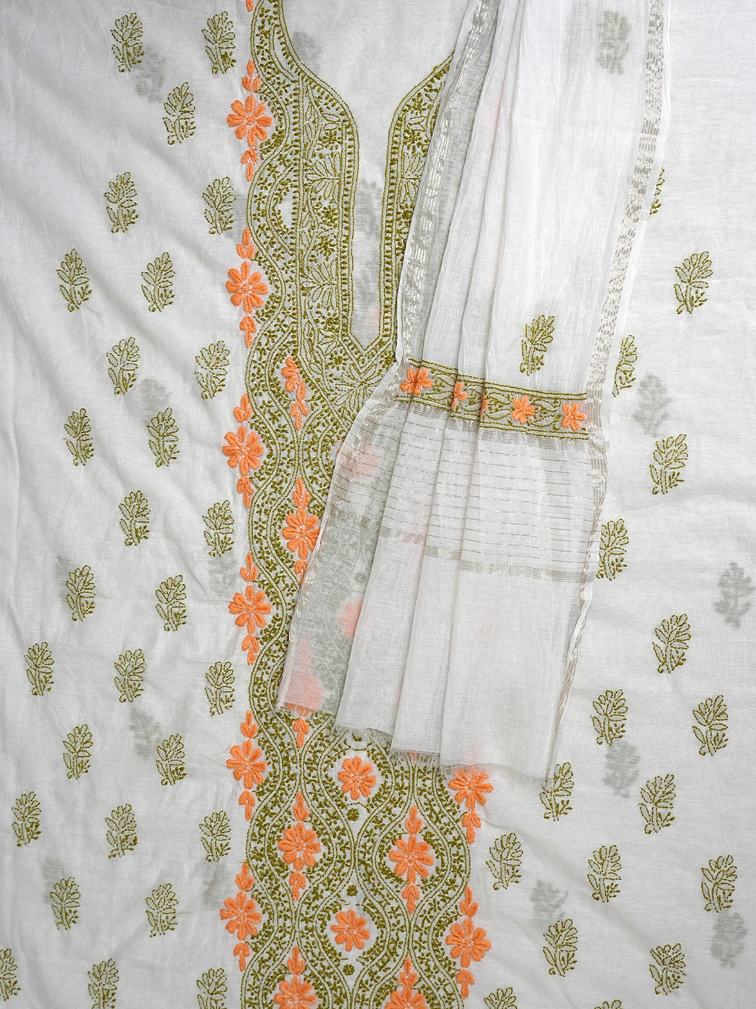 Ada Hand Embroidered Eggshell White Chanderi Lucknowi Chikankari Unstitched Kurta Dupatta Set 01A897499