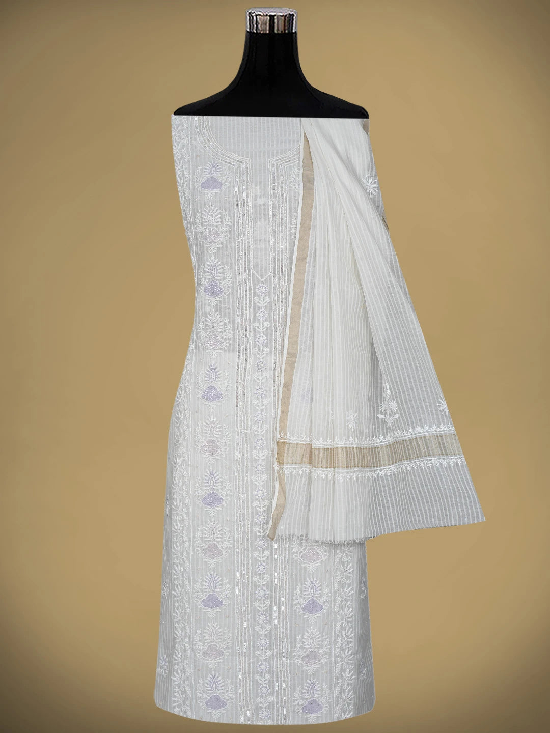 Ada Hand Embroidered Off White Chanderi Lucknowi Chikankari Unstitched Kurta Dupatta Set with Cutdana Work 01A897558