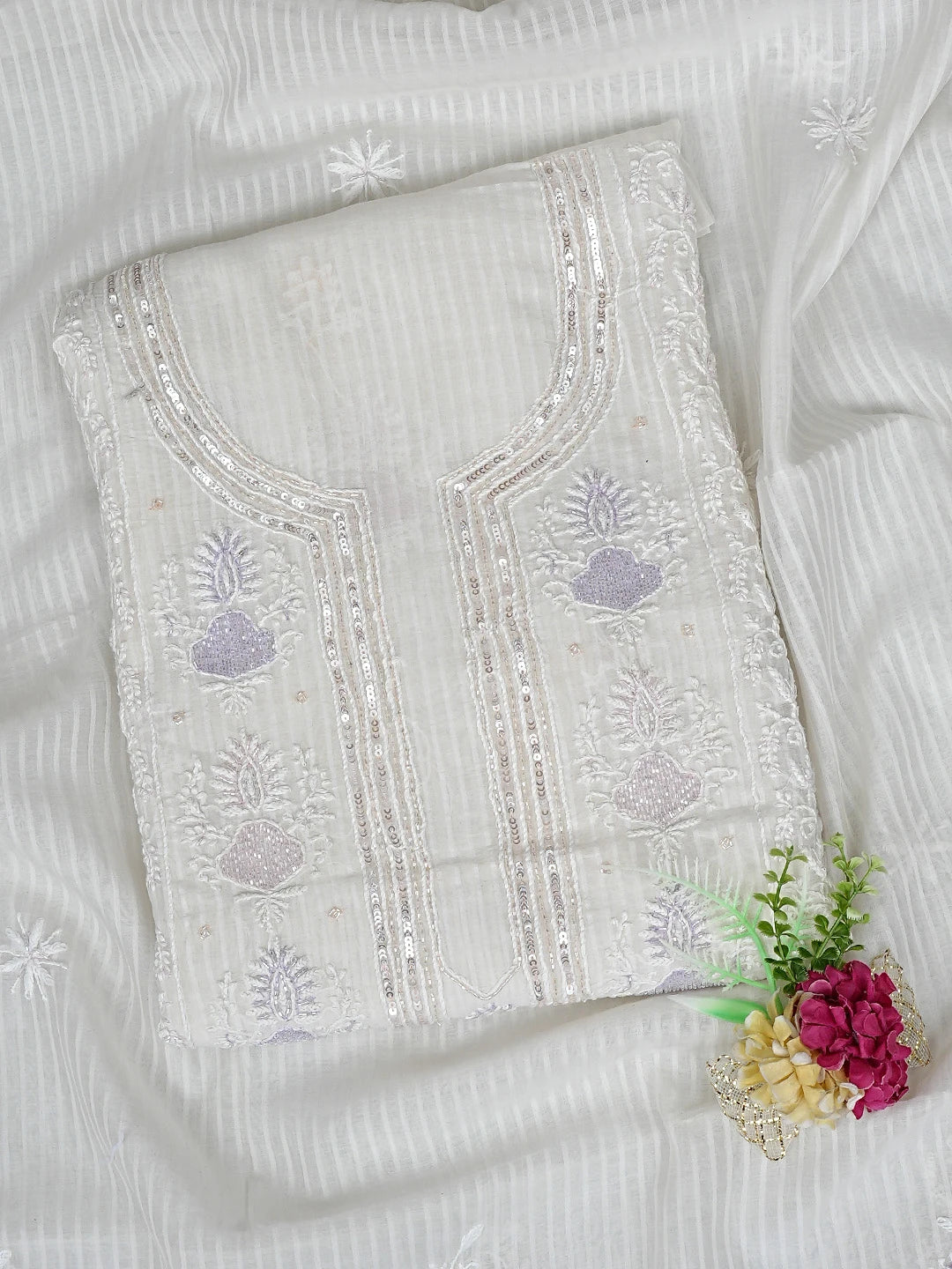 Ada Hand Embroidered Off White Chanderi Lucknowi Chikankari Unstitched Kurta Dupatta Set with Cutdana Work 01A897558