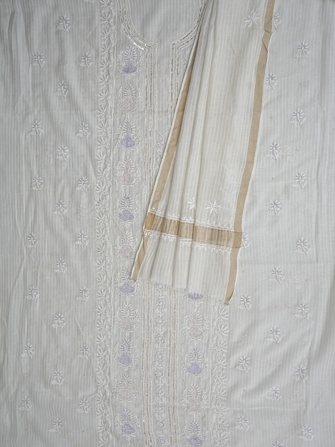 Ada Hand Embroidered Off White Chanderi Lucknowi Chikankari Unstitched Kurta Dupatta Set with Cutdana Work 01A897558