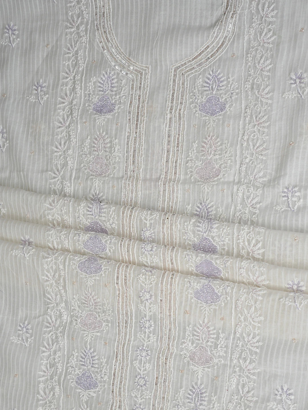 Ada Hand Embroidered Off White Chanderi Lucknowi Chikankari Unstitched Kurta Dupatta Set with Cutdana Work 01A897558
