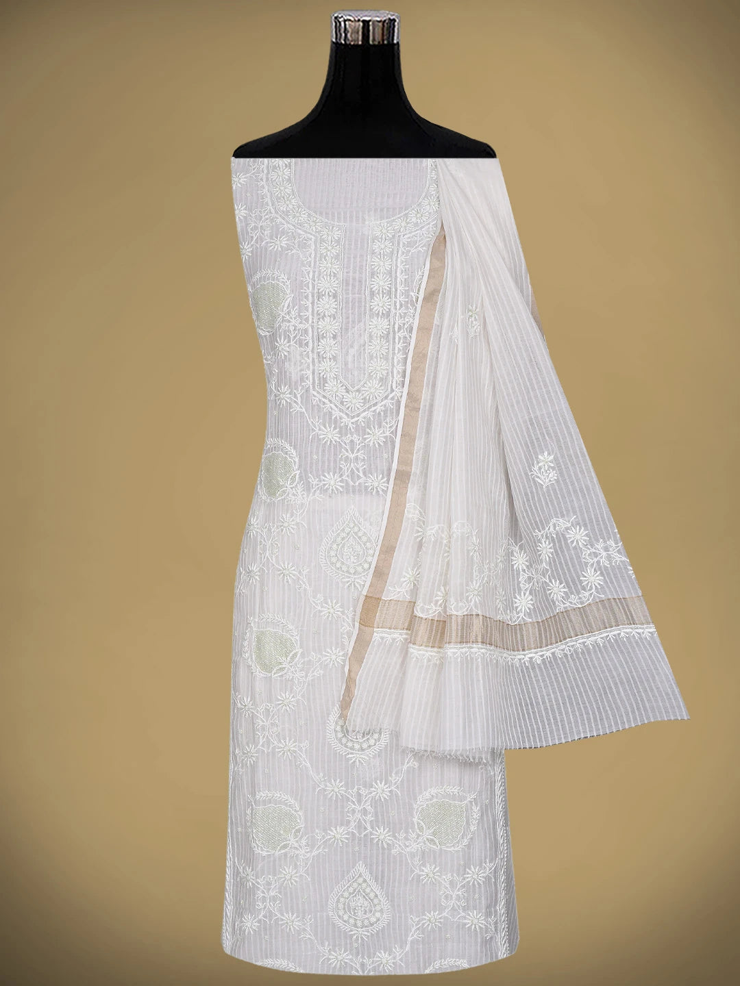 Ada Hand Embroidered Off White Chanderi Lucknowi Chikankari Unstitched Kurta Dupatta Set with Cutdana Work 01A897560