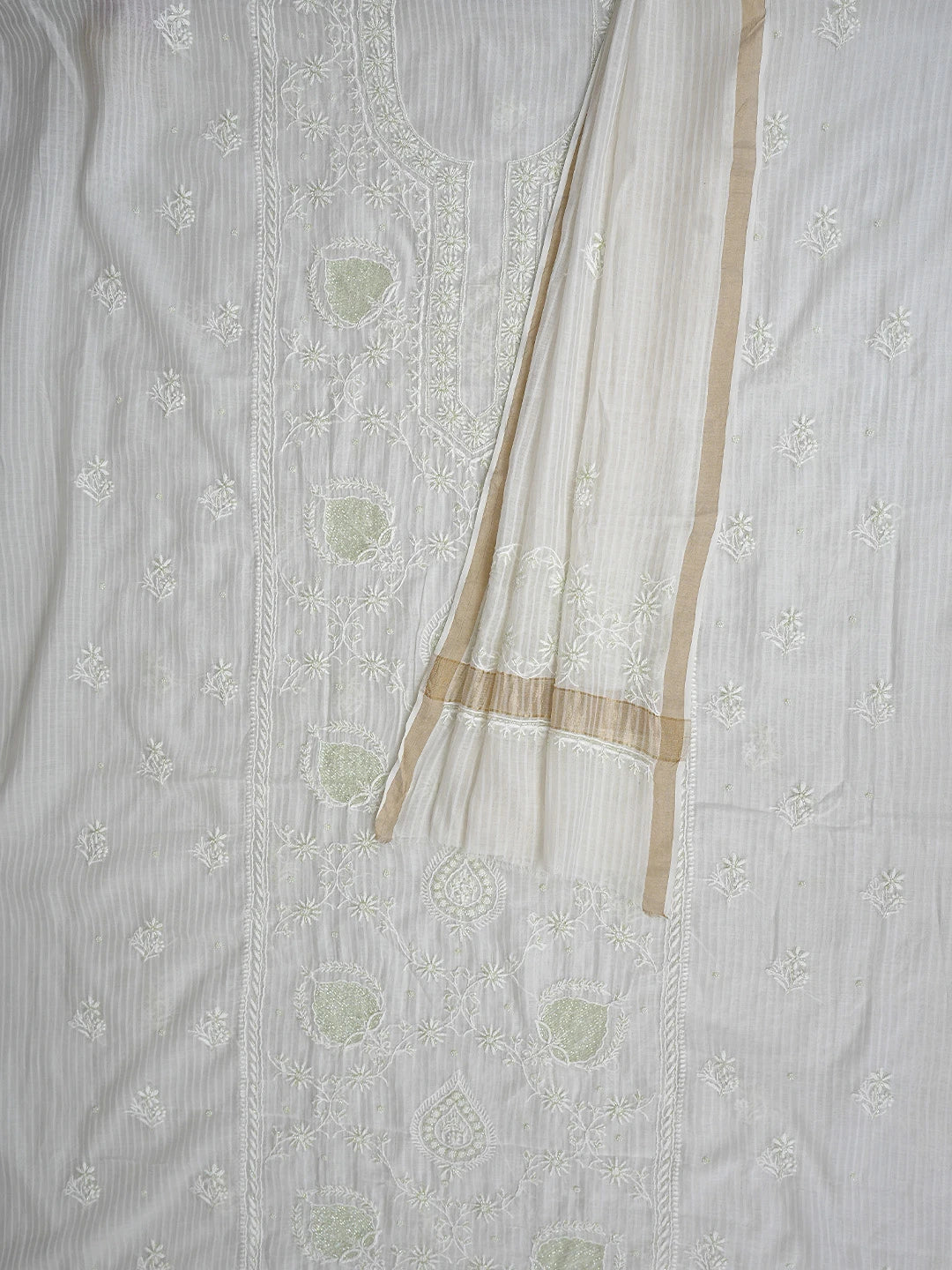 Ada Hand Embroidered Off White Chanderi Lucknowi Chikankari Unstitched Kurta Dupatta Set with Cutdana Work 01A897560