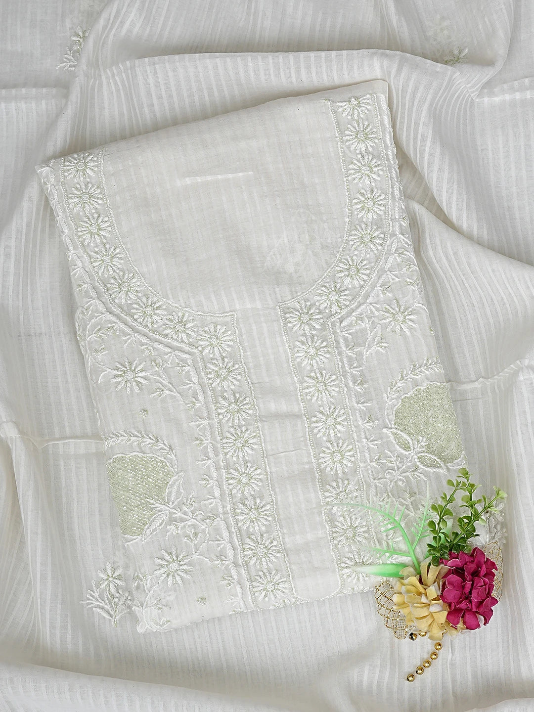 Ada Hand Embroidered Off White Chanderi Lucknowi Chikankari Unstitched Kurta Dupatta Set with Cutdana Work 01A897560