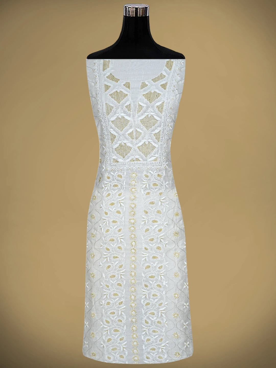 Ada Hand Embroidered Off White Chanderi Lucknowi Chikankari Unstitched Kurta Dupatta Set with Cutdana Work 01A897593