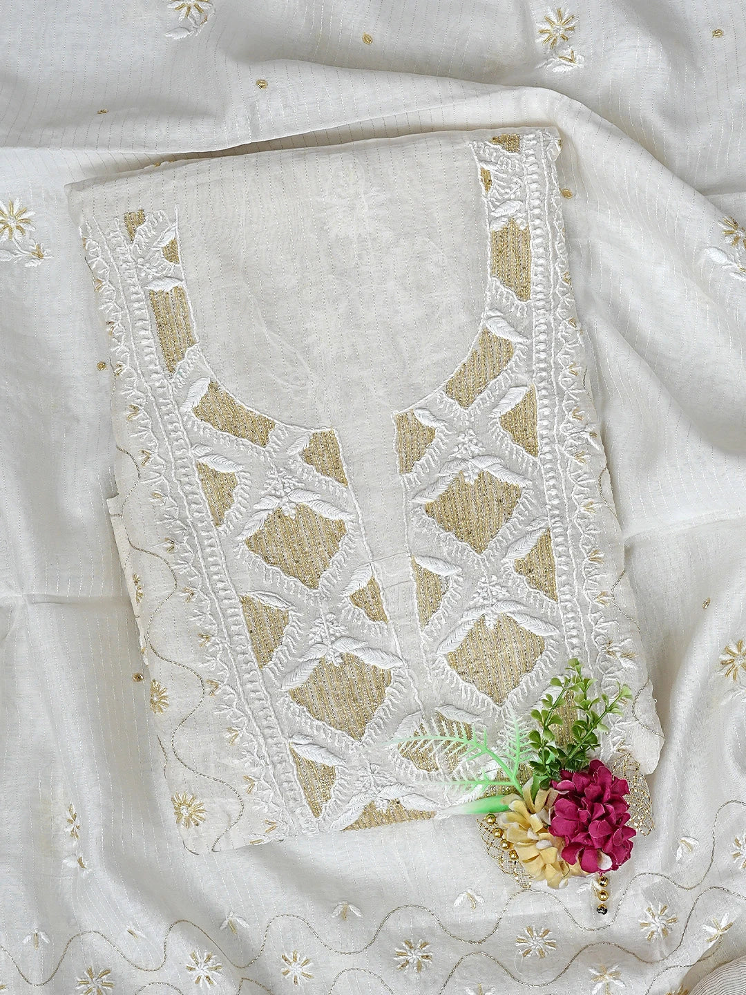 Ada Hand Embroidered Off White Chanderi Lucknowi Chikankari Unstitched Kurta Dupatta Set with Cutdana Work 01A897593
