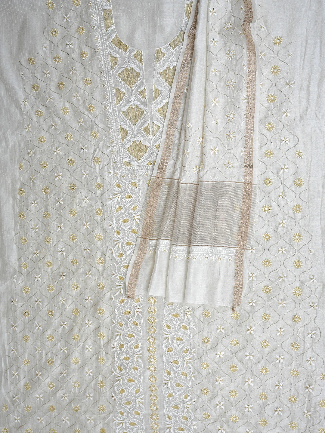 Ada Hand Embroidered Off White Chanderi Lucknowi Chikankari Unstitched Kurta Dupatta Set with Cutdana Work 01A897593