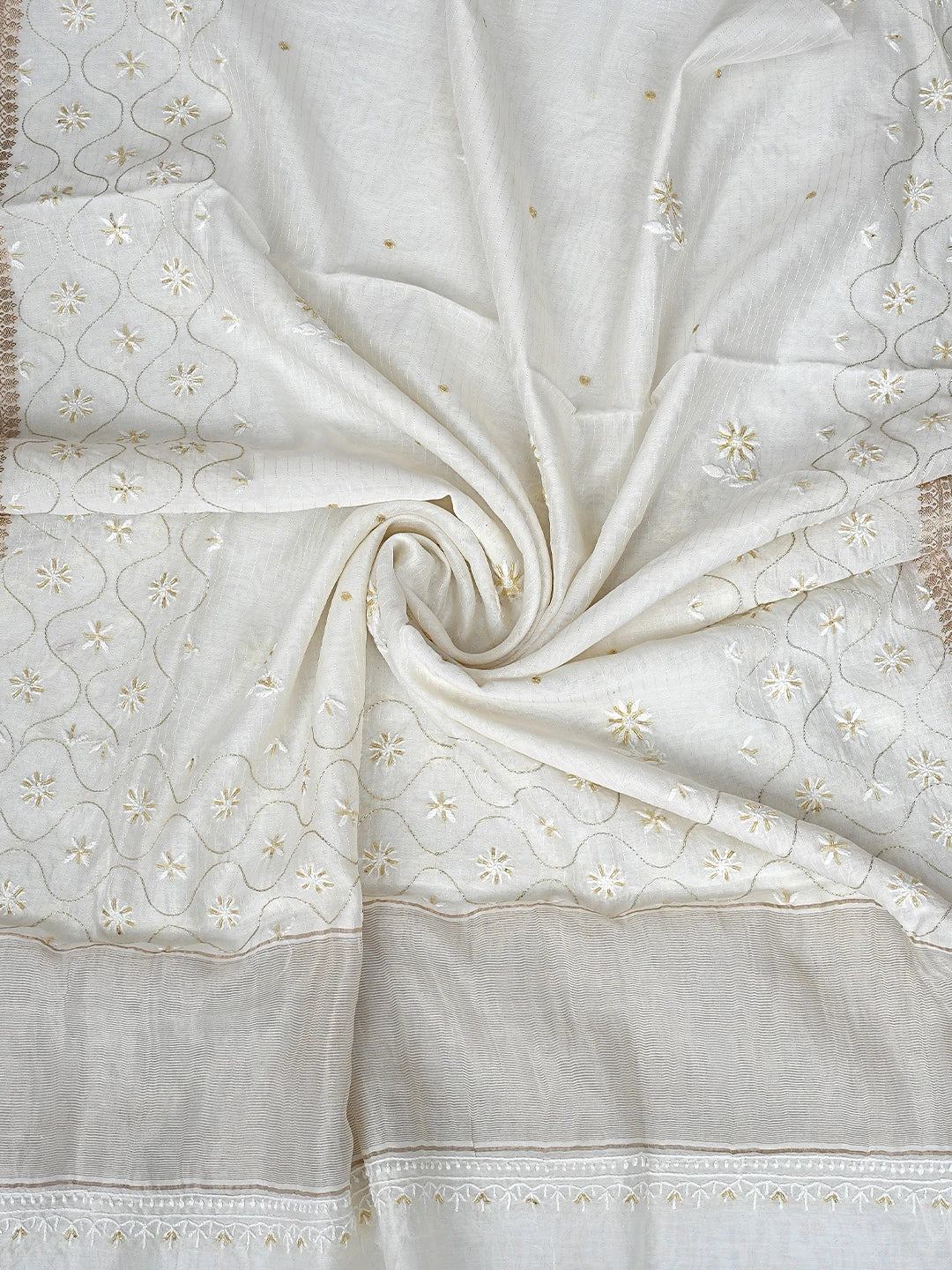 Ada Hand Embroidered Off White Chanderi Lucknowi Chikankari Unstitched Kurta Dupatta Set with Cutdana Work 01A897593