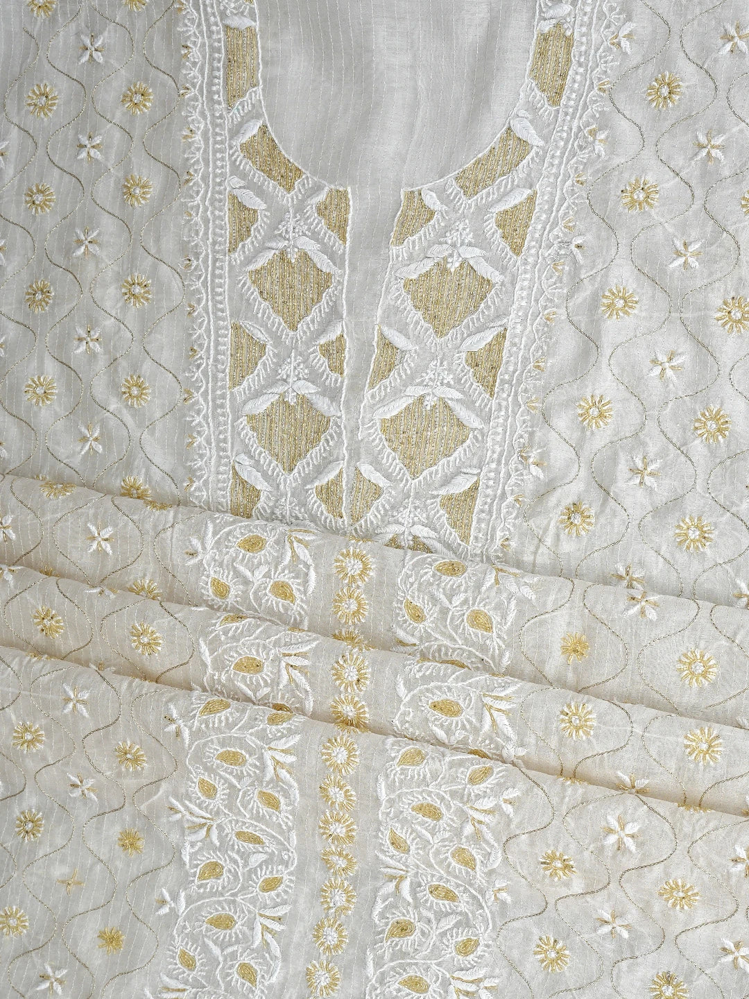 Ada Hand Embroidered Off White Chanderi Lucknowi Chikankari Unstitched Kurta Dupatta Set with Cutdana Work 01A897593