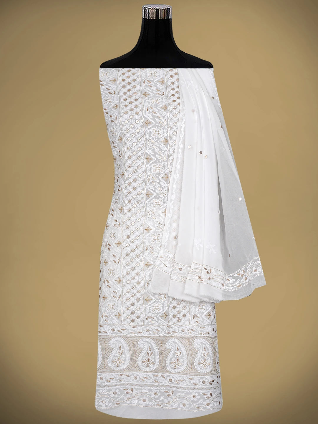 Ada Hand Embroidered White Viscose Georgette Lucknowi Chikankari Unstitched Kurta Dupatta Set With Gotapatti Work 01A893420