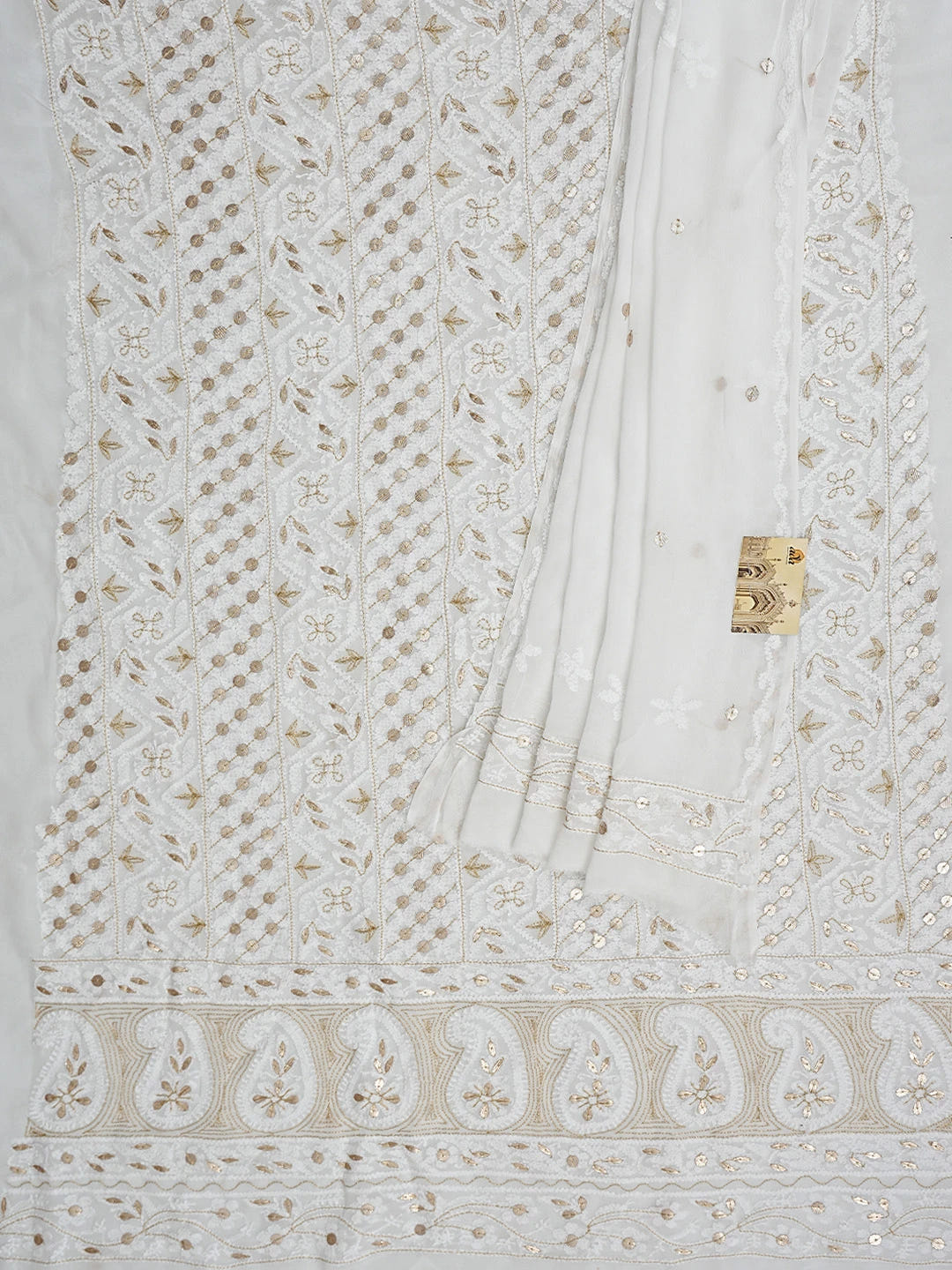 Ada Hand Embroidered White Viscose Georgette Lucknowi Chikankari Unstitched Kurta Dupatta Set With Gotapatti Work 01A893420