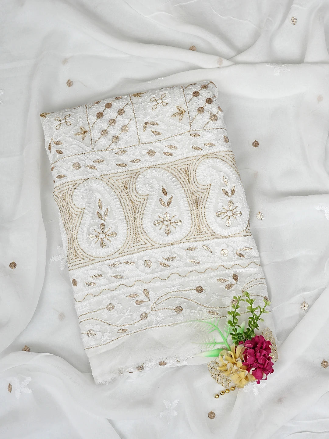 Ada Hand Embroidered White Viscose Georgette Lucknowi Chikankari Unstitched Kurta Dupatta Set With Gotapatti Work 01A893420
