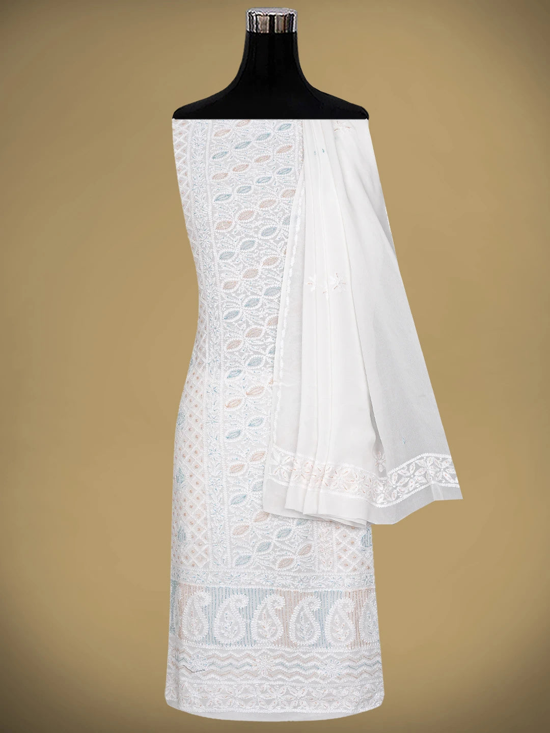 Ada Hand Embroidered White Viscose Georgette Lucknowi Chikankari Unstitched Kurta Dupatta Set With Cutdana Work 01A793034