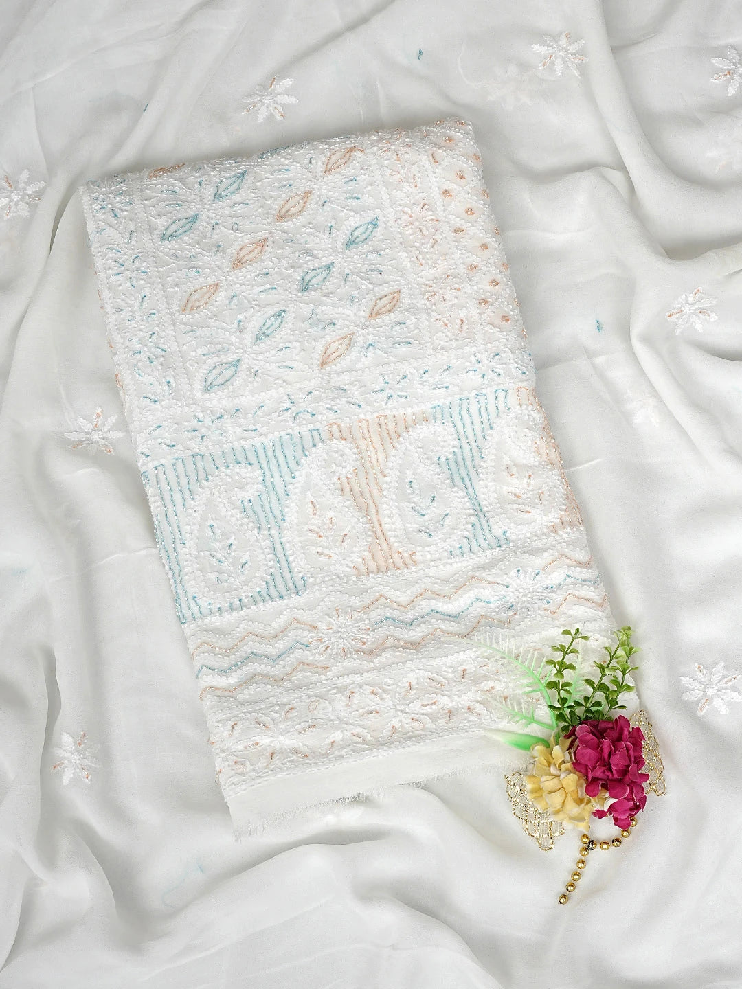 Ada Hand Embroidered White Viscose Georgette Lucknowi Chikankari Unstitched Kurta Dupatta Set With Cutdana Work 01A793034