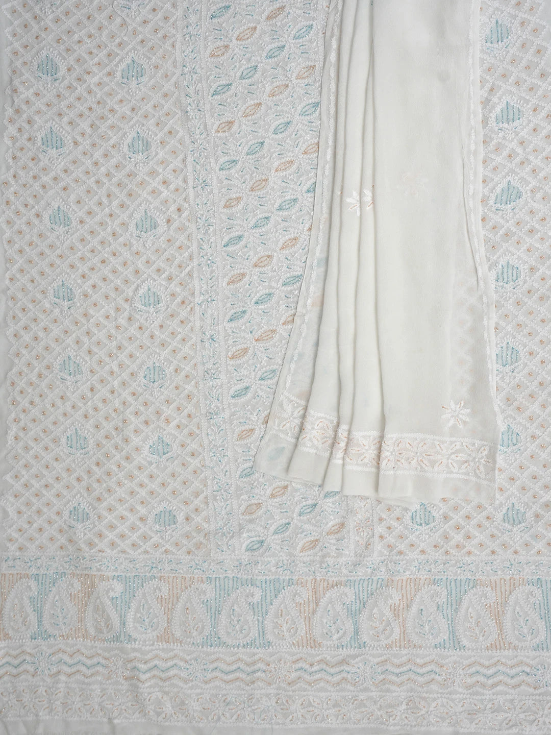 Ada Hand Embroidered White Viscose Georgette Lucknowi Chikankari Unstitched Kurta Dupatta Set With Cutdana Work 01A793034
