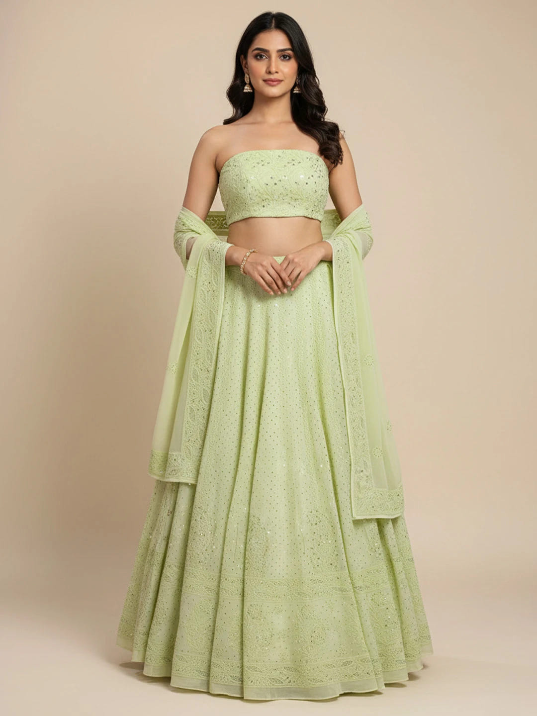 Ada Hand Embroidered Pistachio Green Viscose Georgette Lucknowi Chikankari Lehenga Set With Mukaish Work 01A546639
