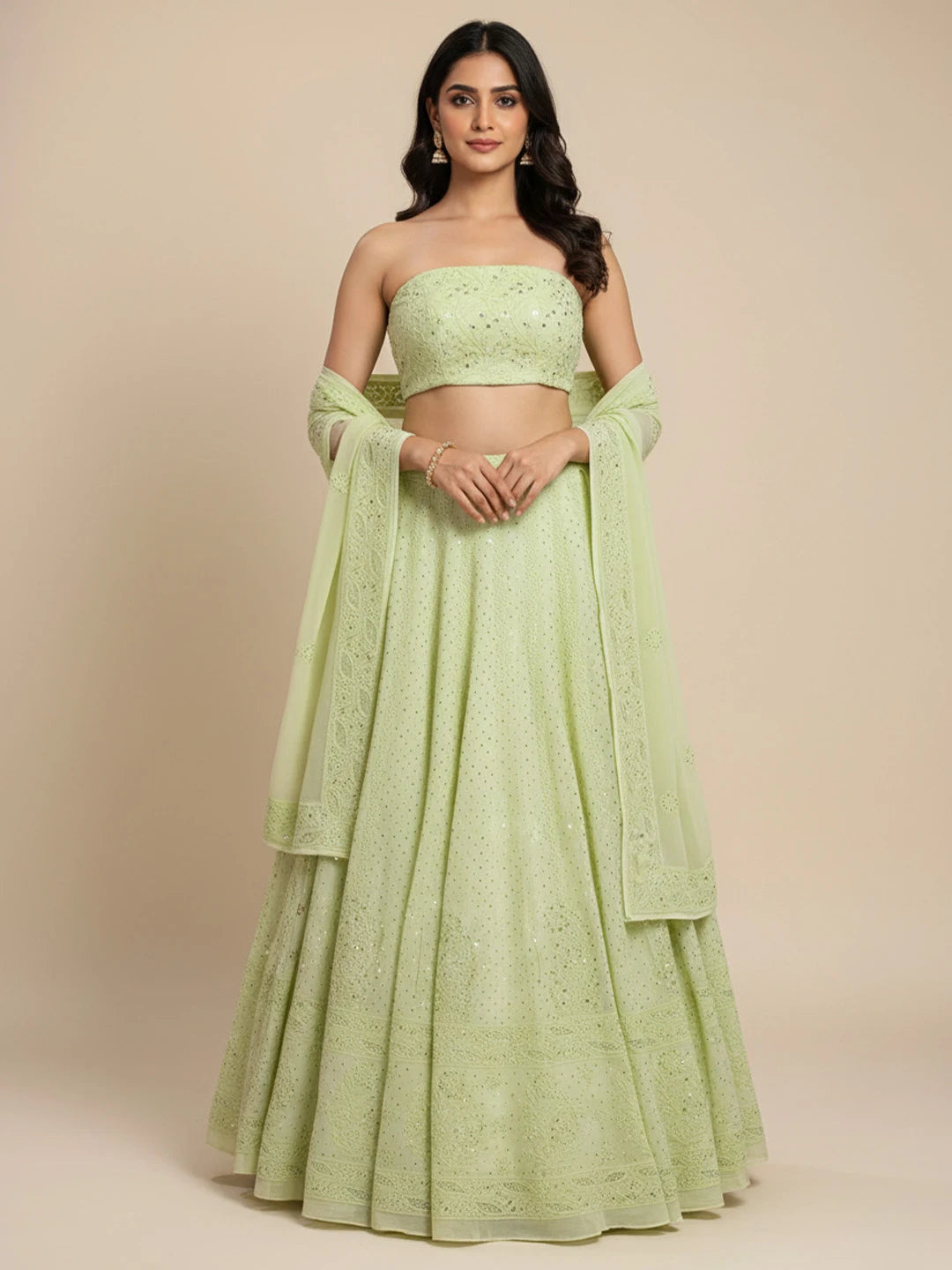 Ada Hand Embroidered Pistachio Green Viscose Georgette Lucknowi Chikankari Lehenga Set With Mukaish Work 01A546639