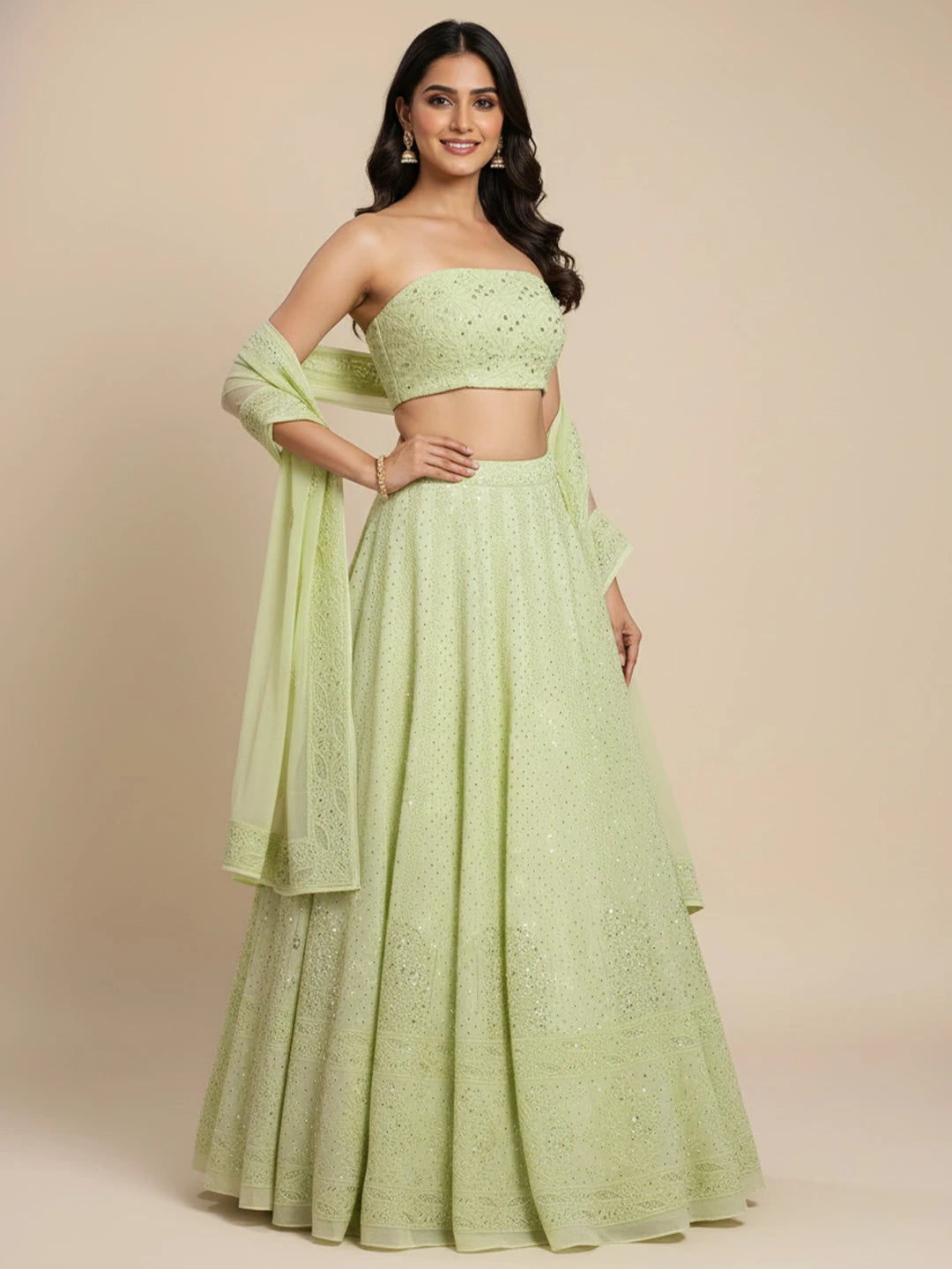 Ada Hand Embroidered Pistachio Green Viscose Georgette Lucknowi Chikankari Lehenga Set With Mukaish Work 01A546639