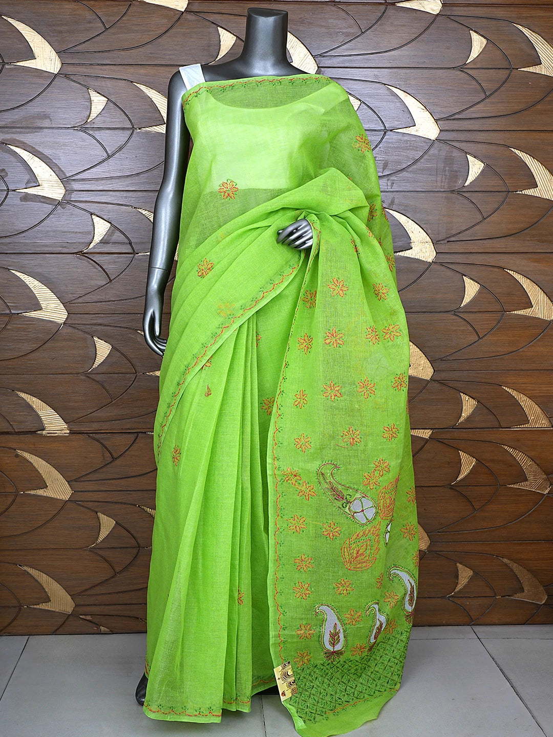 Ada Hand Embroidered Parrot Green Cotton Lucknowi Chikankari Saree and Blouse 01A891788