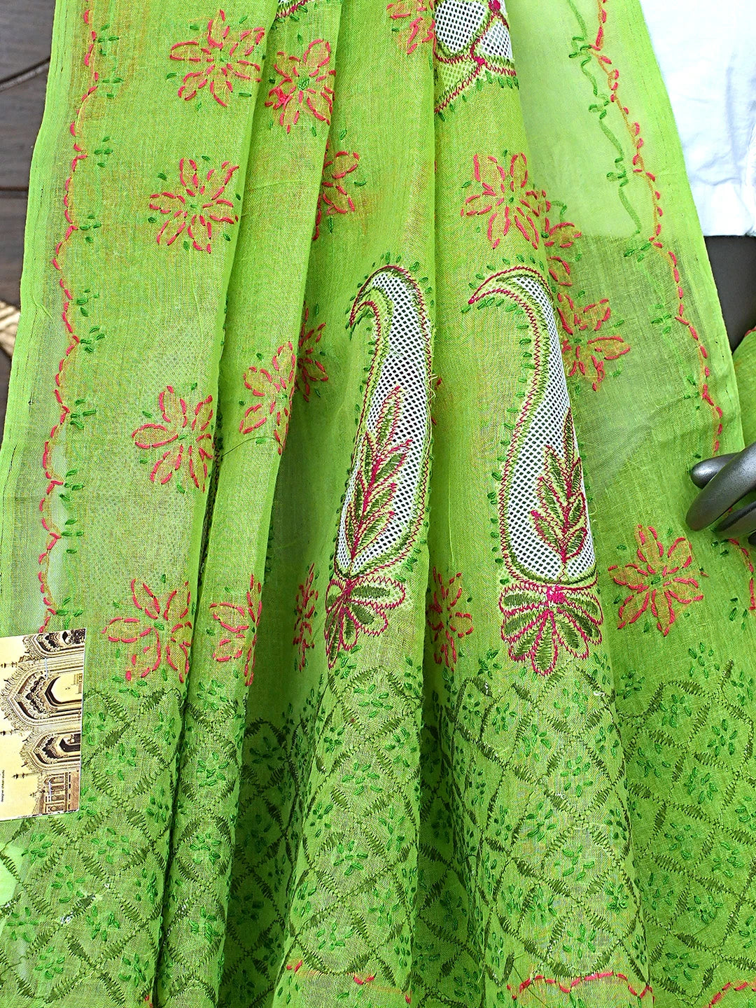 Ada Hand Embroidered Parrot Green Cotton Lucknowi Chikankari Saree and Blouse 01A891788