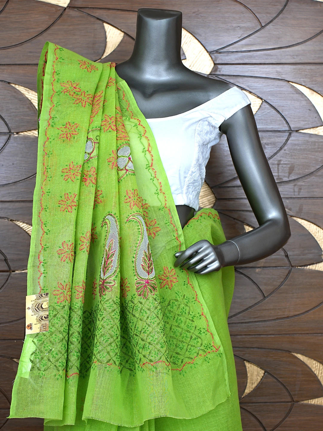Ada Hand Embroidered Parrot Green Cotton Lucknowi Chikankari Saree and Blouse 01A891788