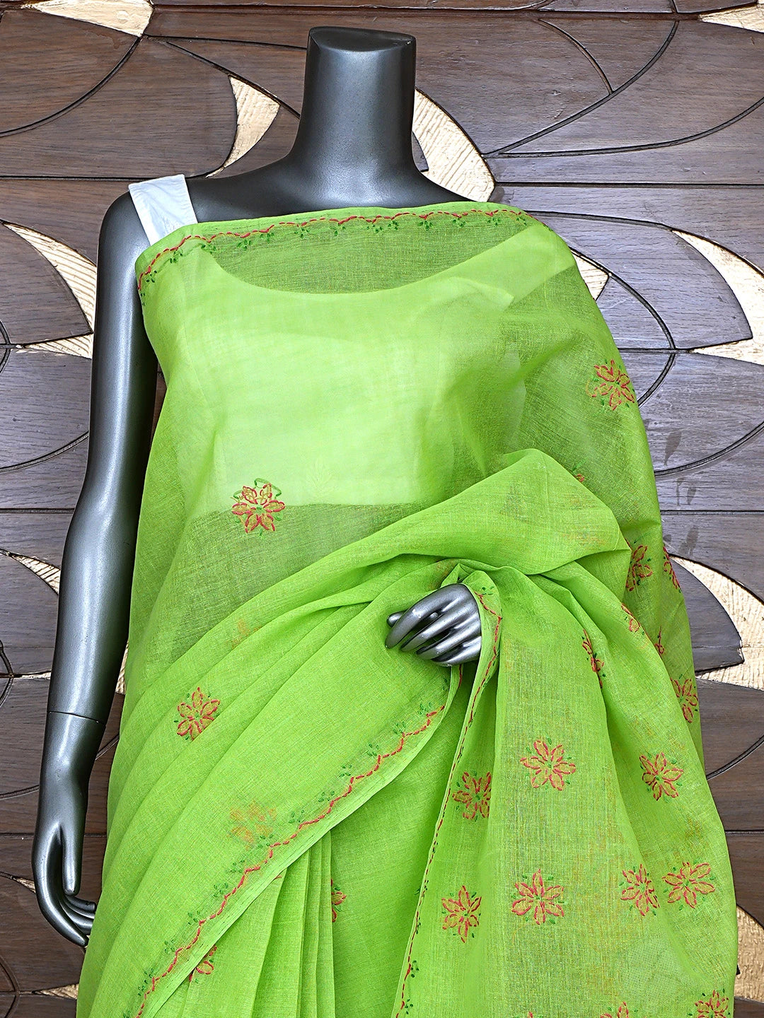 Ada Hand Embroidered Parrot Green Cotton Lucknowi Chikankari Saree and Blouse 01A891788