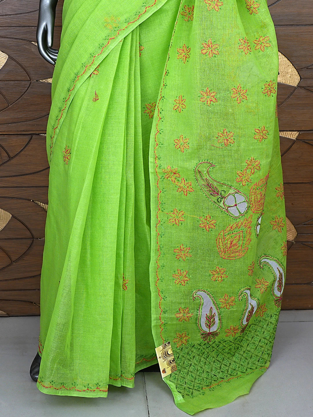 Ada Hand Embroidered Parrot Green Cotton Lucknowi Chikankari Saree and Blouse 01A891788