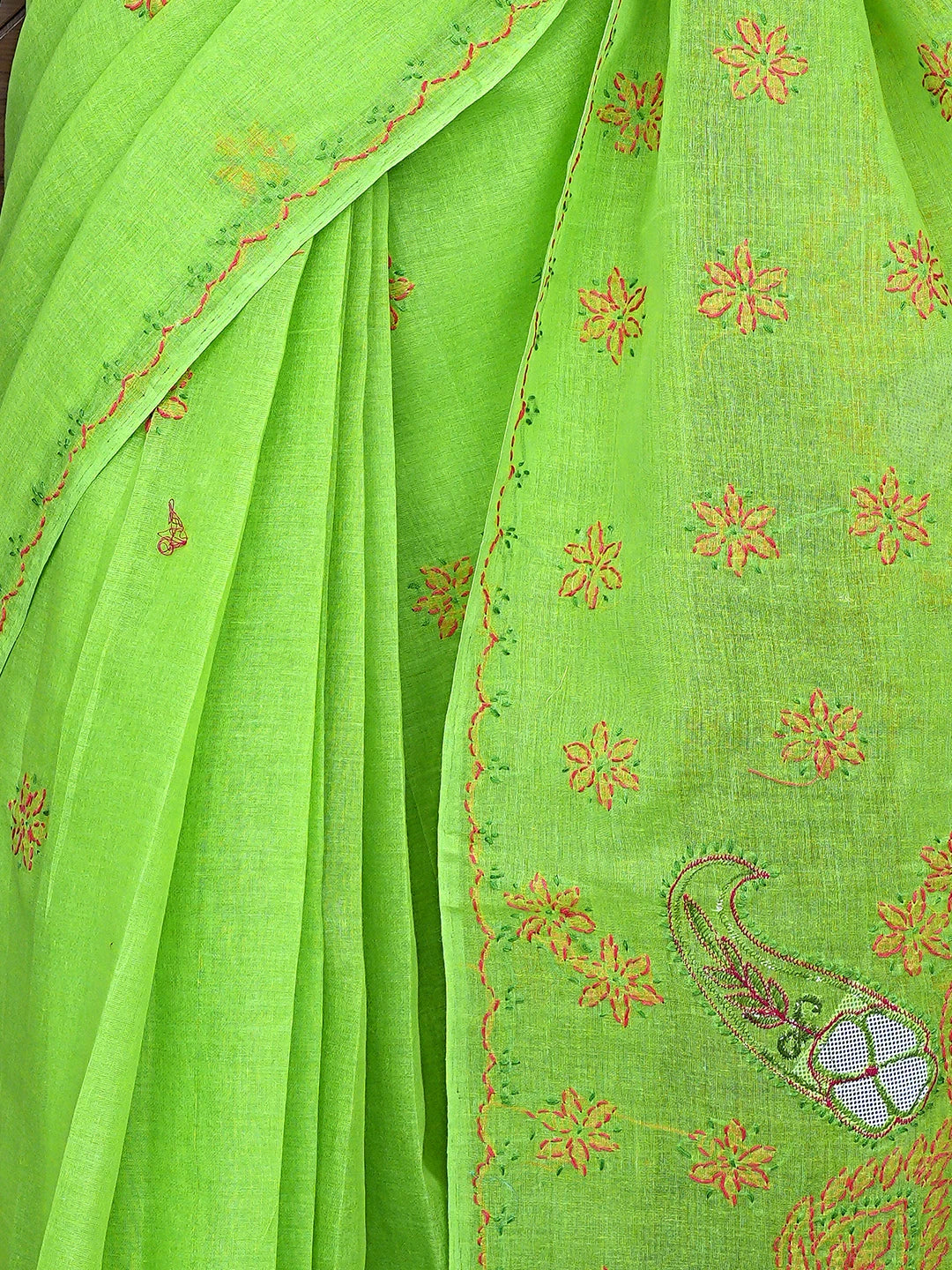 Ada Hand Embroidered Parrot Green Cotton Lucknowi Chikankari Saree and Blouse 01A891788
