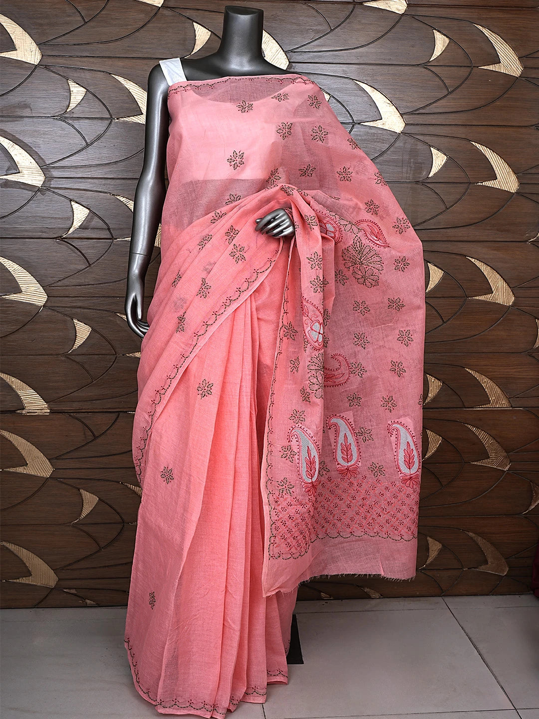 Ada Hand Embroidered Carrot Pink Cotton Lucknowi Chikankari Saree and Blouse 01A891793