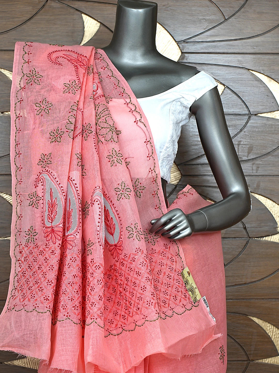 Ada Hand Embroidered Carrot Pink Cotton Lucknowi Chikankari Saree and Blouse 01A891793