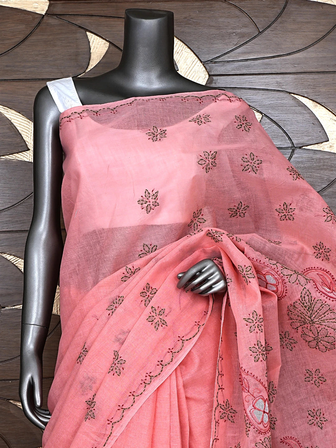 Ada Hand Embroidered Carrot Pink Cotton Lucknowi Chikankari Saree and Blouse 01A891793