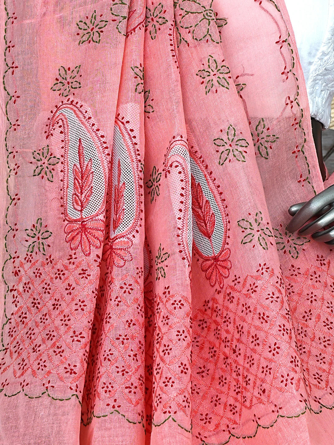 Ada Hand Embroidered Carrot Pink Cotton Lucknowi Chikankari Saree and Blouse 01A891793
